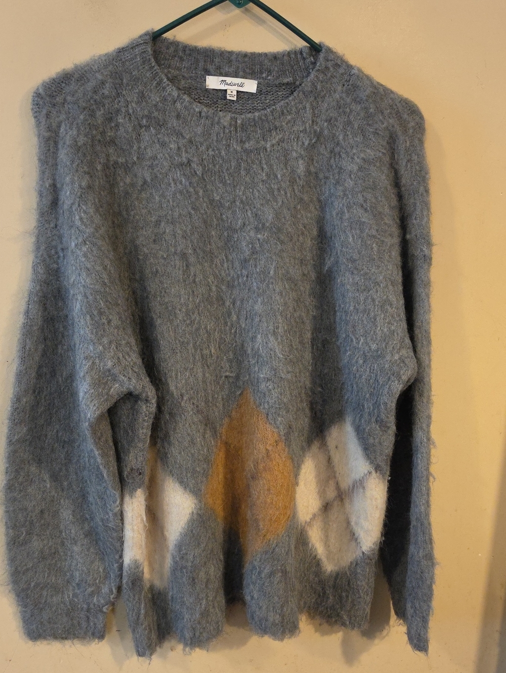 Madewell Mohair-Blend Crewneck Sweater with Mustard and Cream Argyle